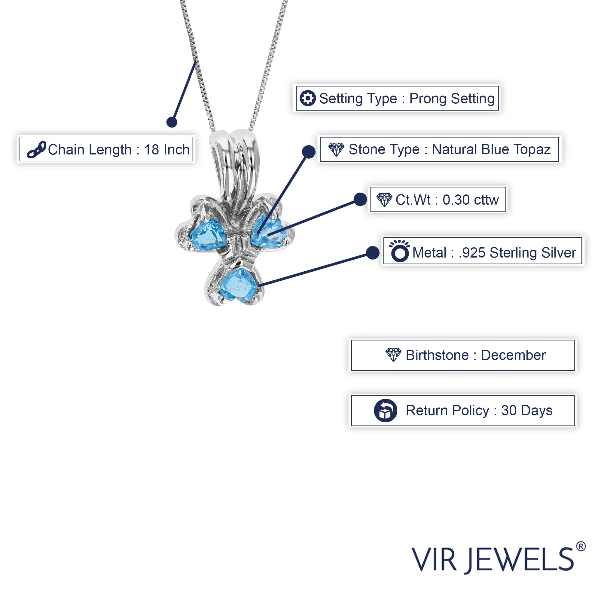 0.30 cttw Pendant Necklace, Swiss Blue Topaz Pendant Necklace for Women in .925 Sterling Silver with Rhodium, 18 Inch Chain, Prong Setting
