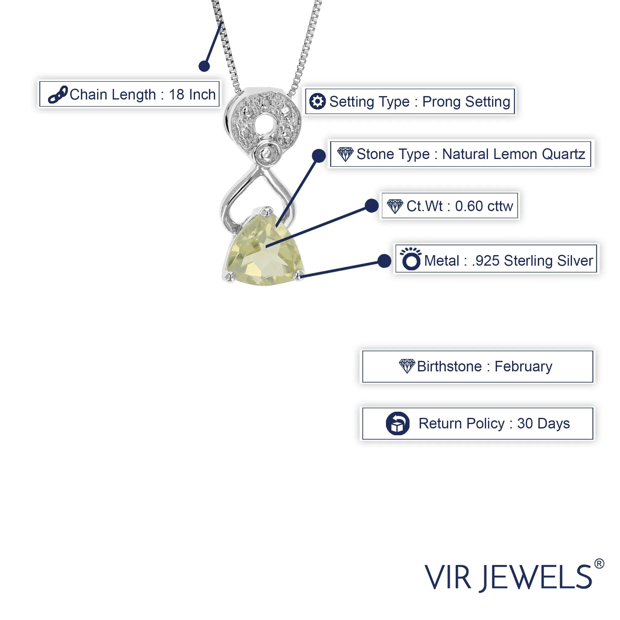 0.60 cttw Pendant Necklace, Lemon Quartz Trillion Shape Pendant Necklace for Women in .925 Sterling Silver with Rhodium, 18 Inch Chain, Prong Setting