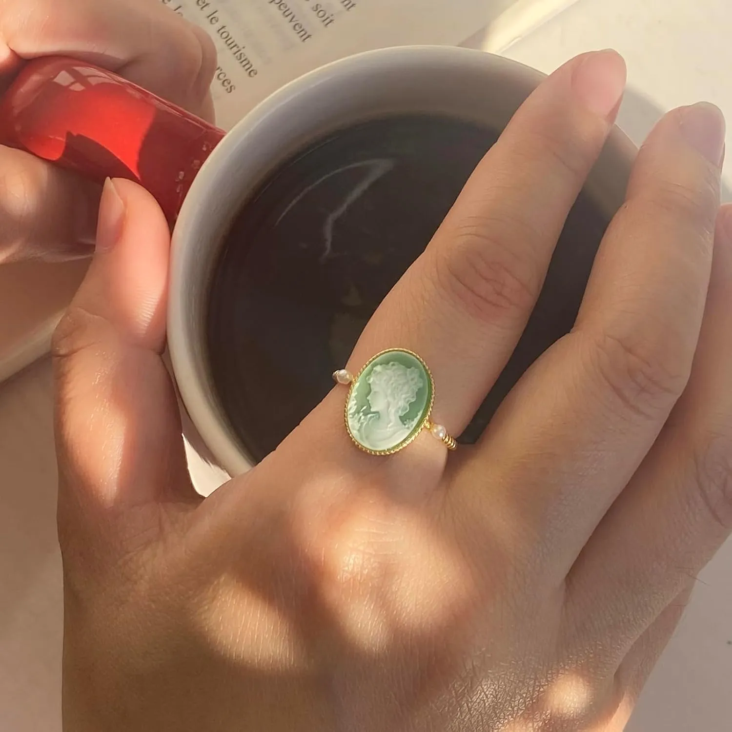 Agate Cameo Ring 14kt Gold Over Sterling Silver, Victorian Cameos Rings Adjustable, Vintage Cameo Jewelry for Women