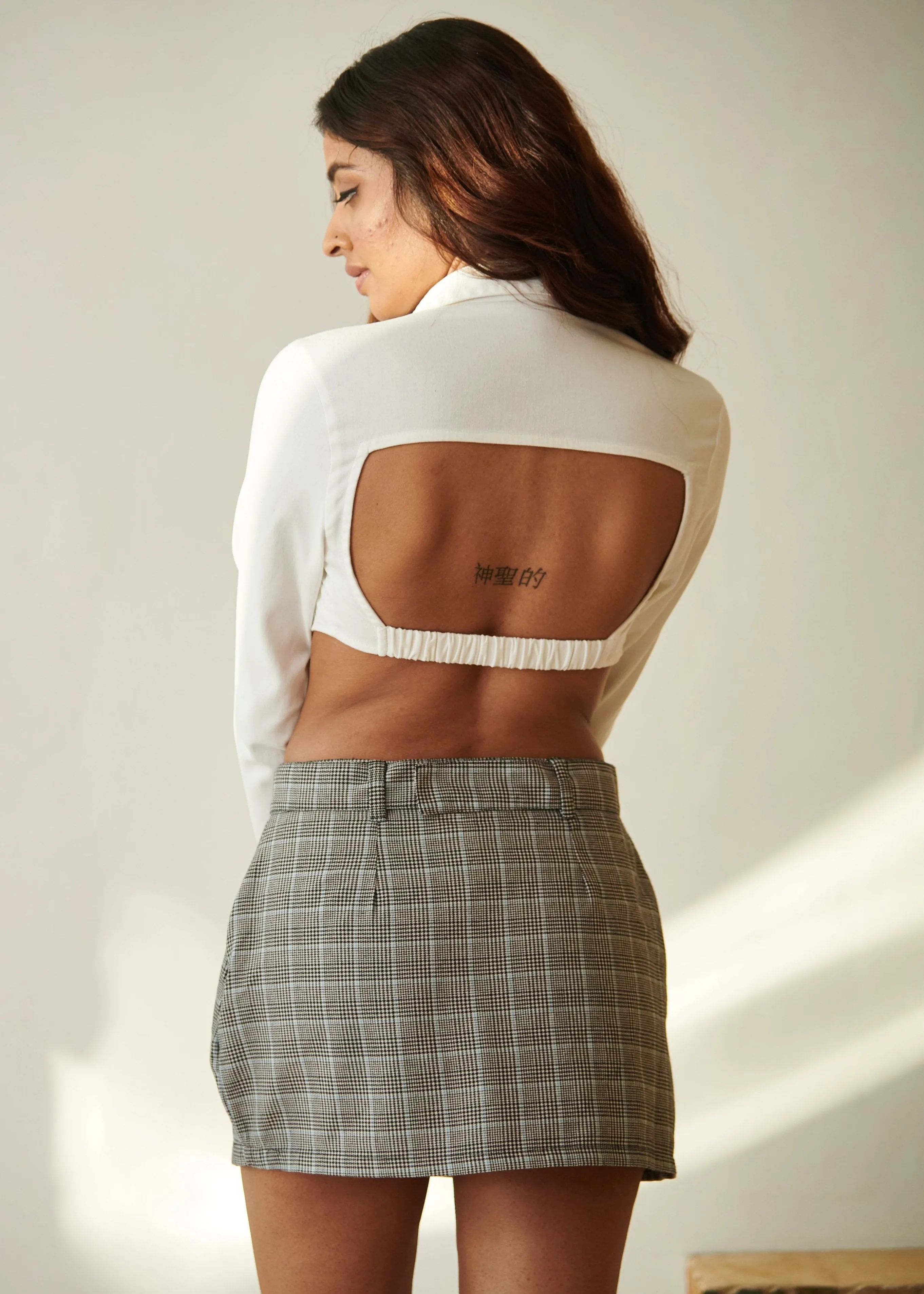 Almi White Crop Shirt and Plaid Skort Set