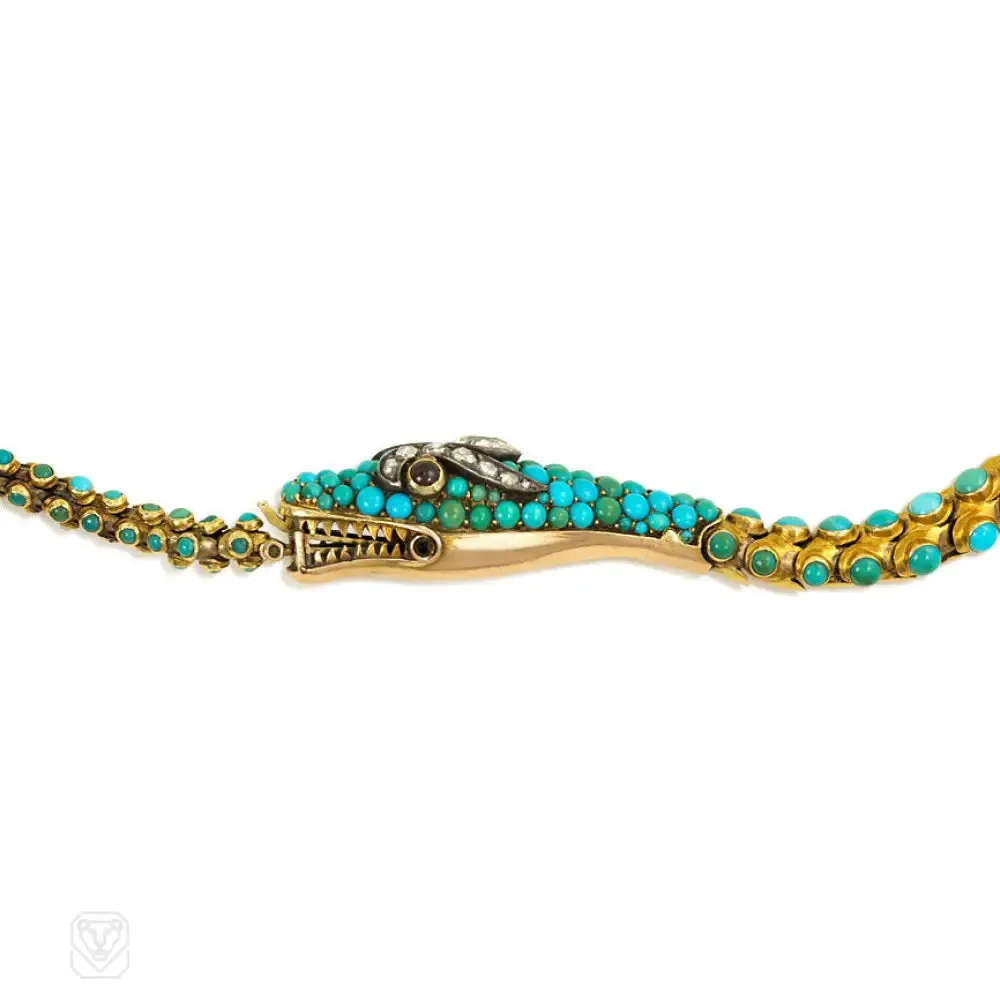 Antique gold and turquoise tapered serpent necklace