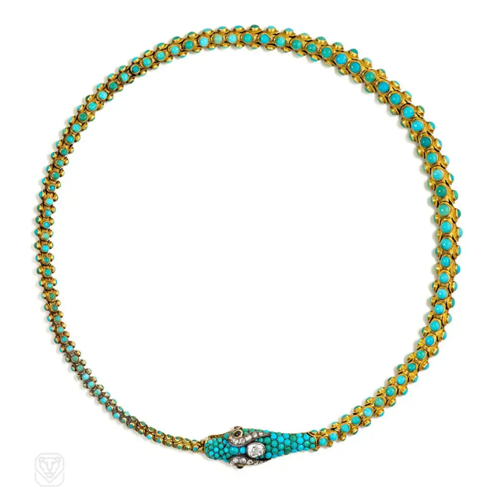 Antique gold and turquoise tapered serpent necklace