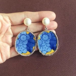 Blue and yellow porcelain FW pearl silver tone earrings