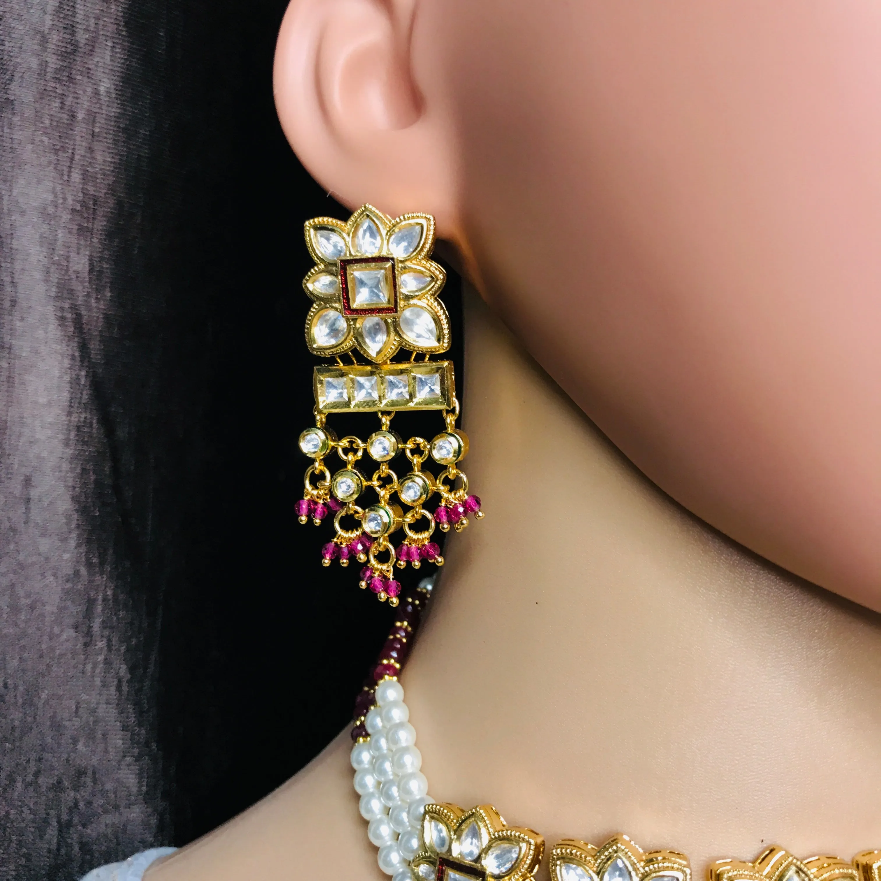 Designer Gold Plated Royal Kundan & Ruby Necklace With Earrings (D745)