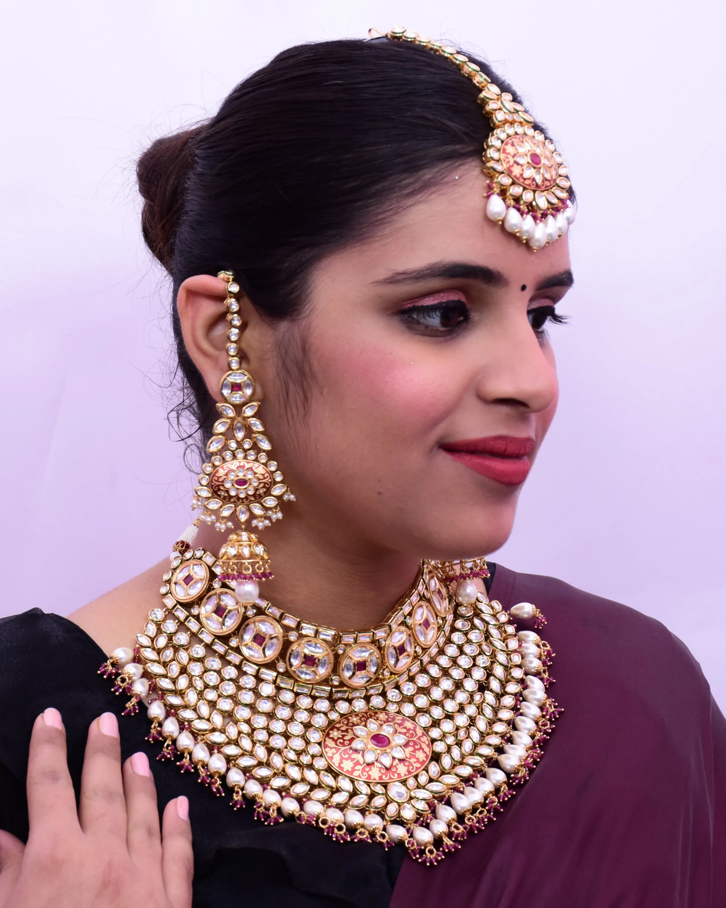 Designer Gold Plated Royal Kundan Ruby Necklace & Earrings With Pearl Beads (D643)