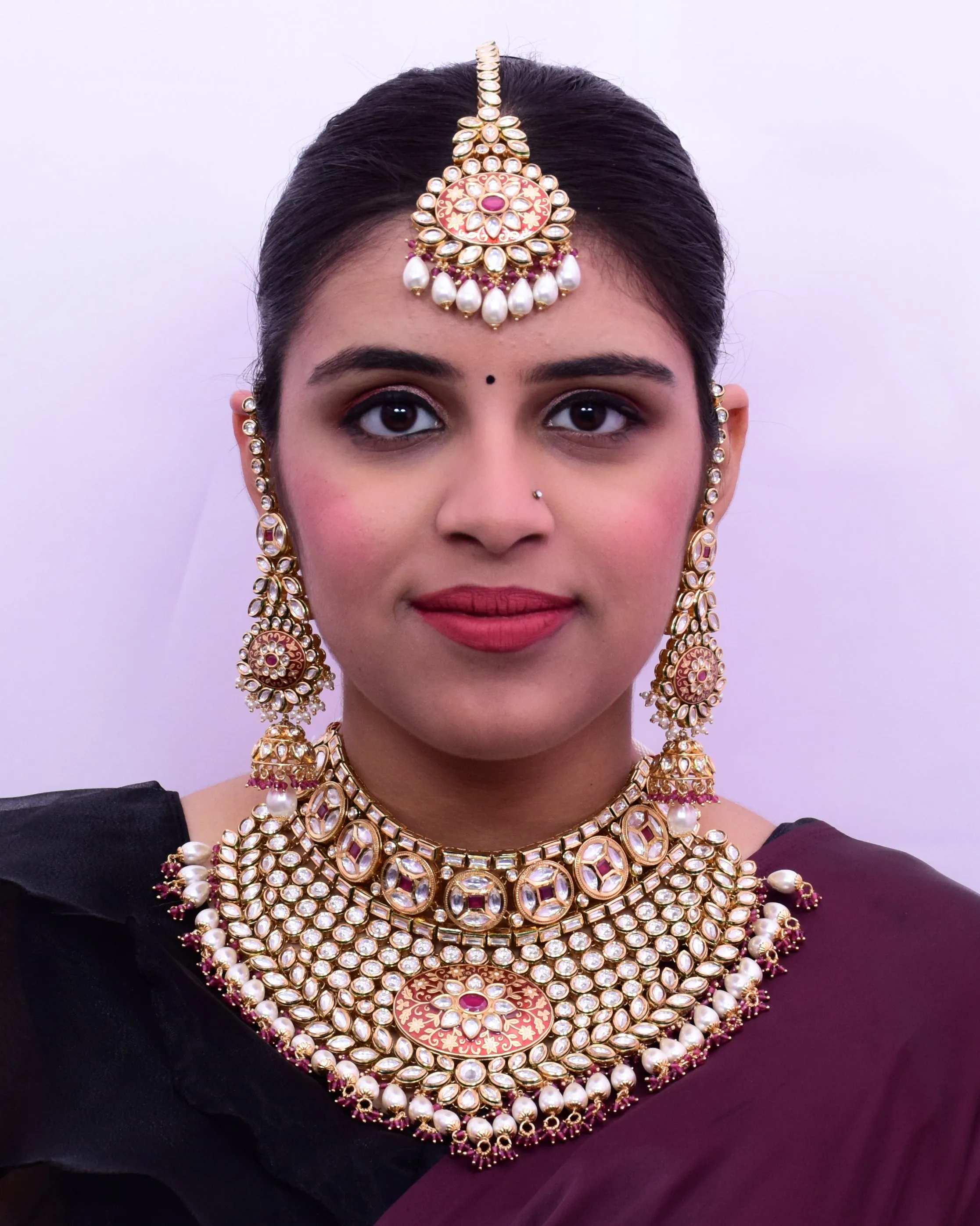 Designer Gold Plated Royal Kundan Ruby Necklace & Earrings With Pearl Beads (D643)