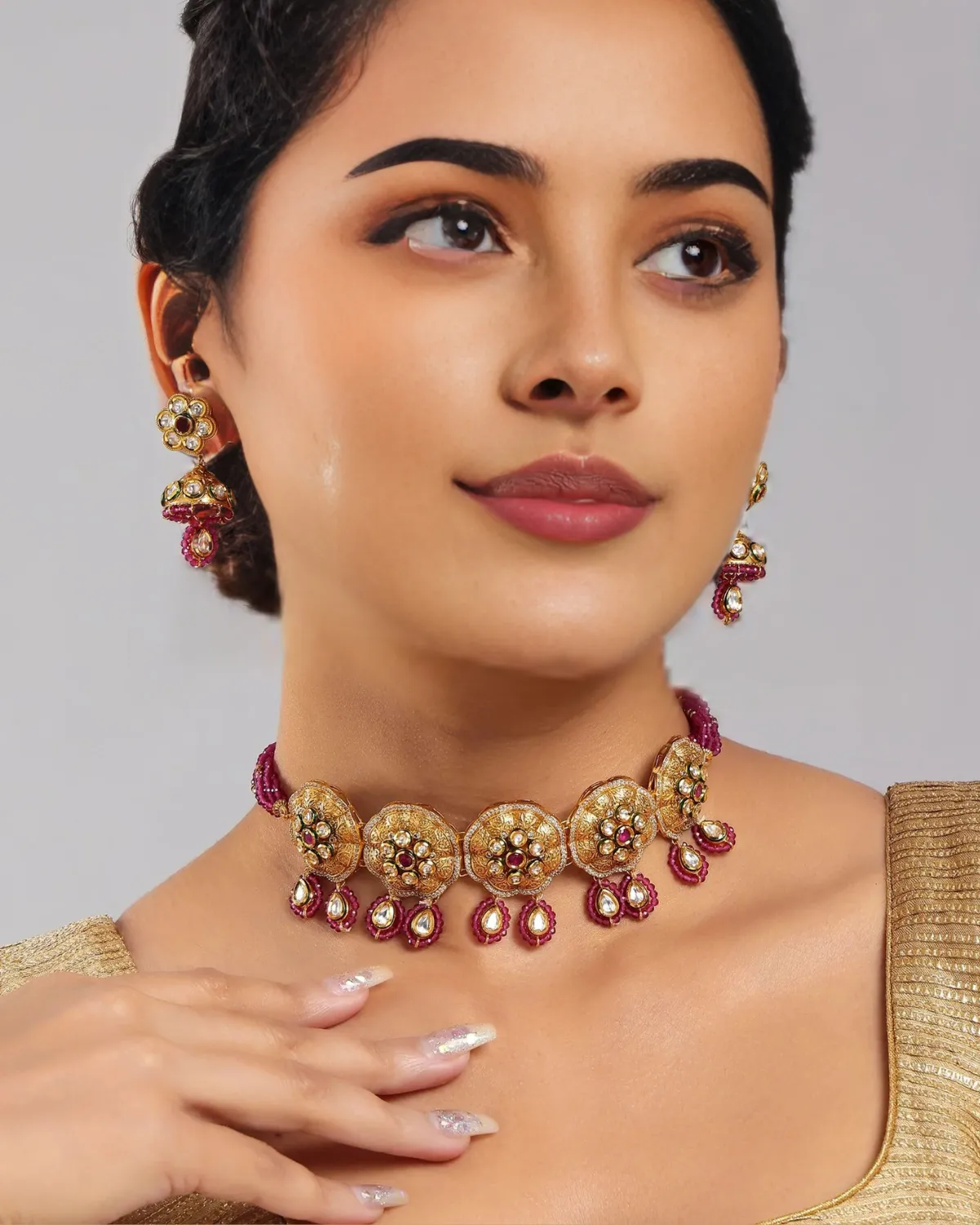 Designer Gold Plated Single Layer Royal Kundan & Ruby Necklace with Earrings (D237)