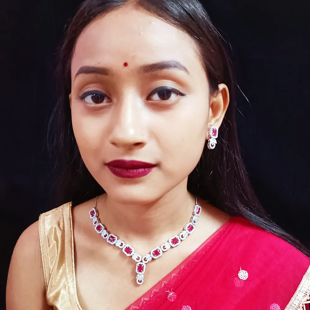 Designer Semi-Precious American Diamond Ruby Necklace with Earrings (D327)