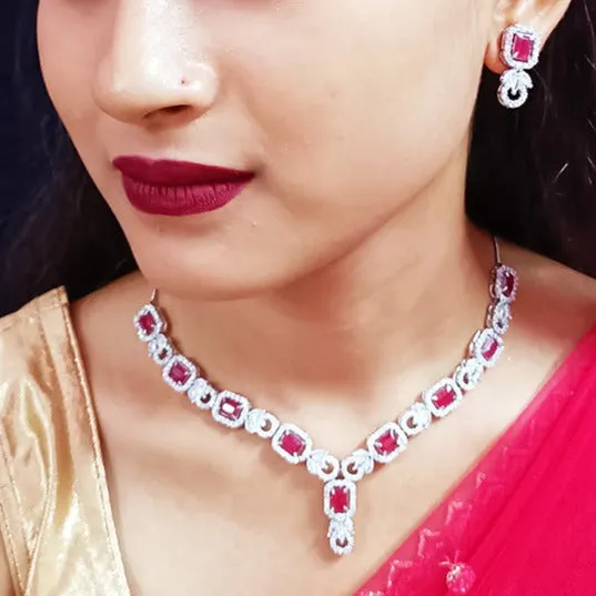 Designer Semi-Precious American Diamond Ruby Necklace with Earrings (D327)