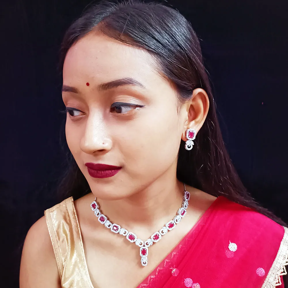 Designer Semi-Precious American Diamond Ruby Necklace with Earrings (D327)