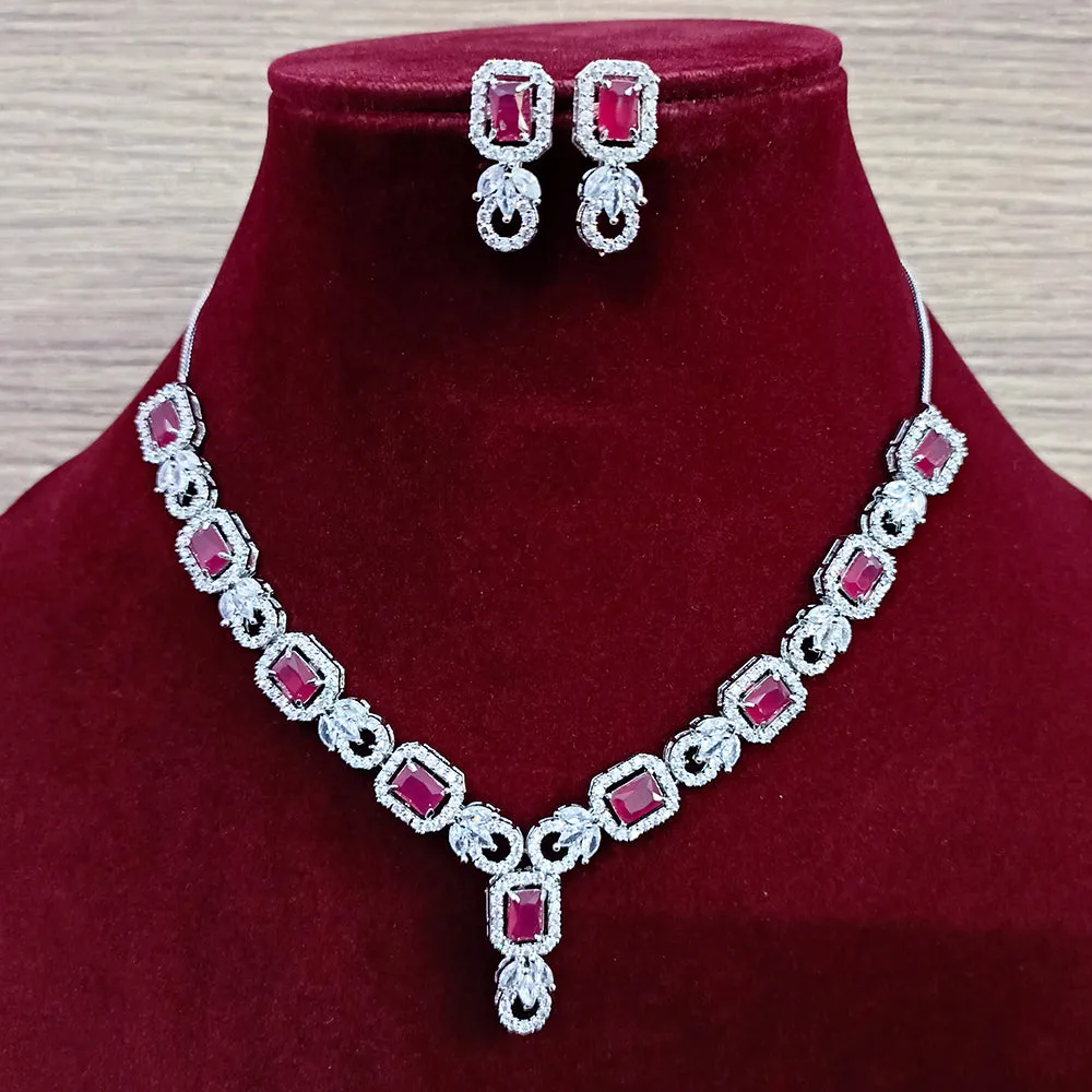 Designer Semi-Precious American Diamond Ruby Necklace with Earrings (D327)