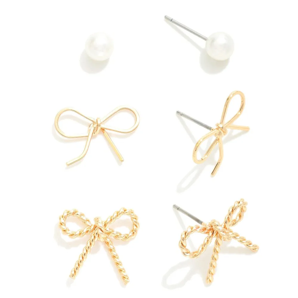 Gold Bows & Pearls Stud Earring Set