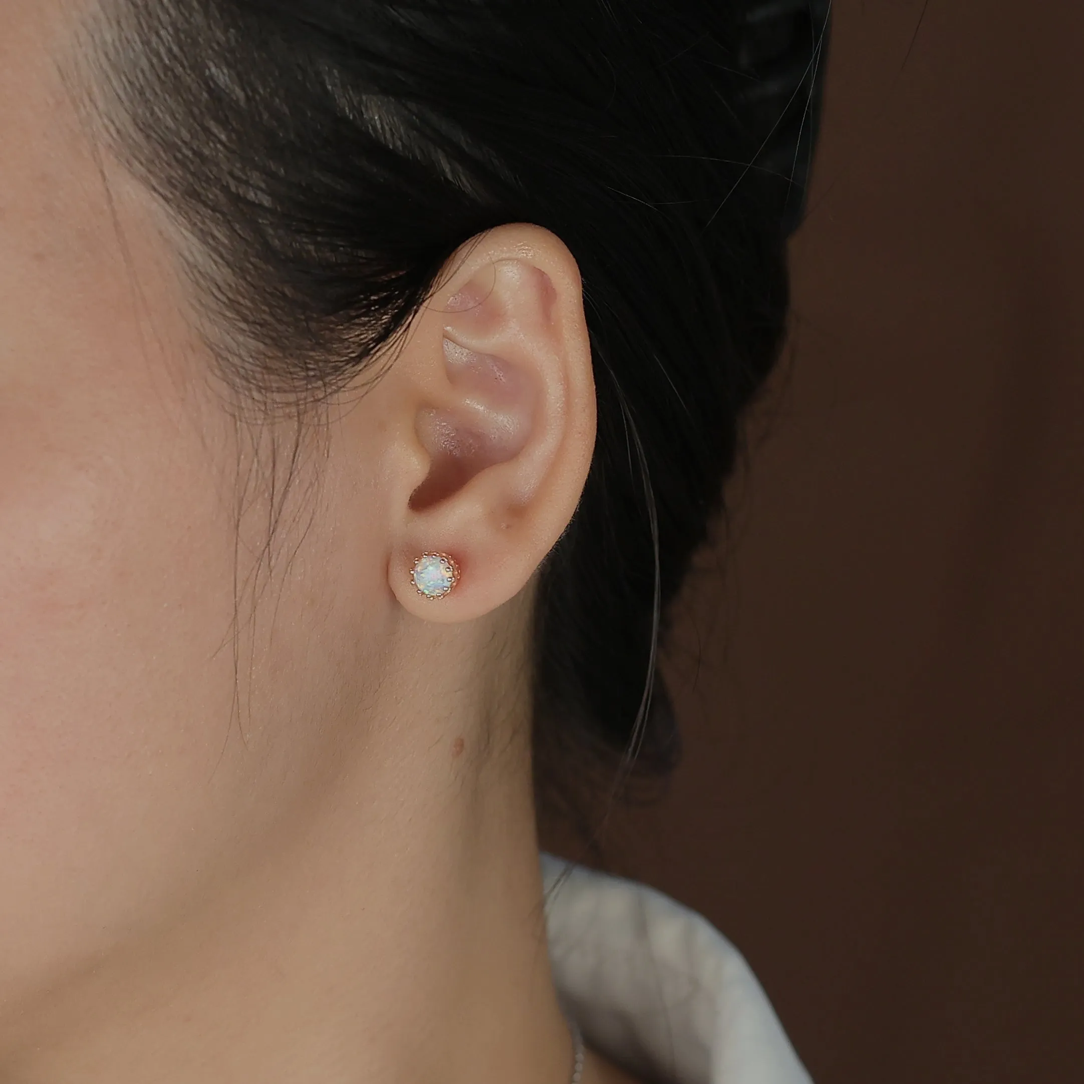 Iridescent Opal Crown Stud Earrings in Rose Gold & Sterling Silver, 6MM Birthstone