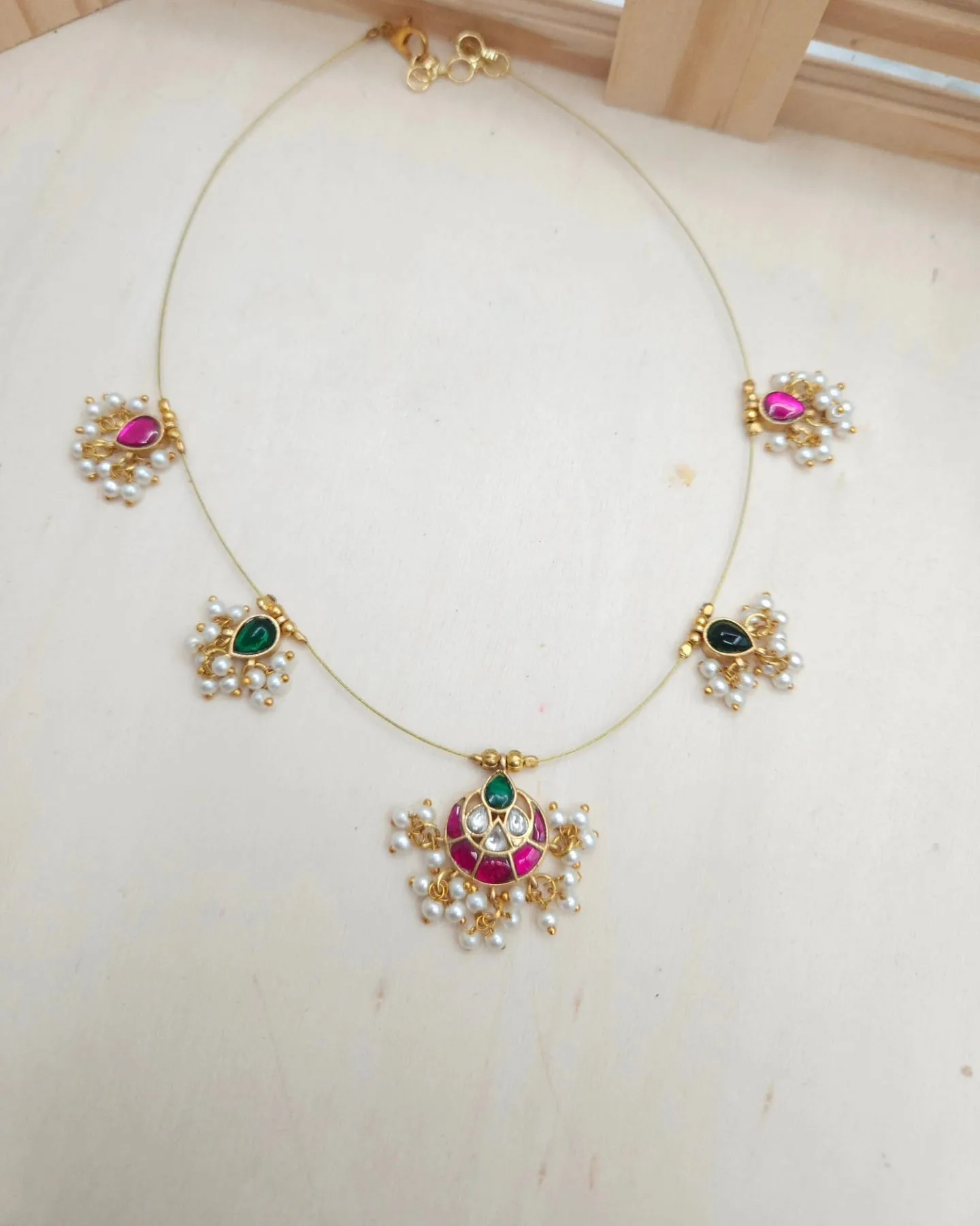 Lotus Red and Green jadau kundan invisible necklace