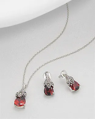 Marcasite Ruby CZ Drop Earrings & Pendant Set