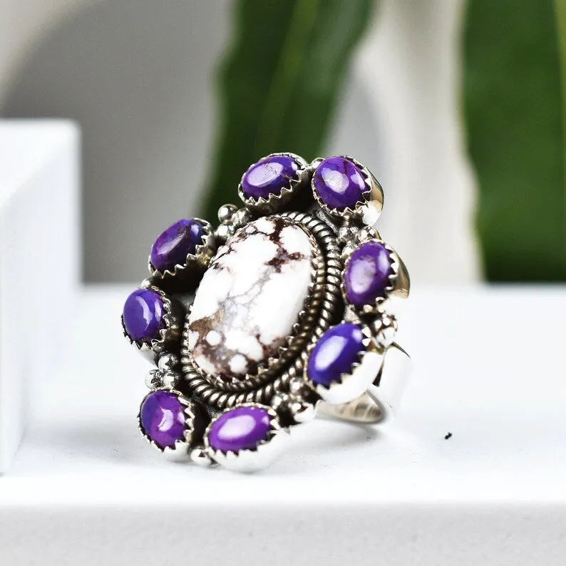 Native American Wild Horse And Purple Copper Turquoise 925 Sterling Silver  Rings