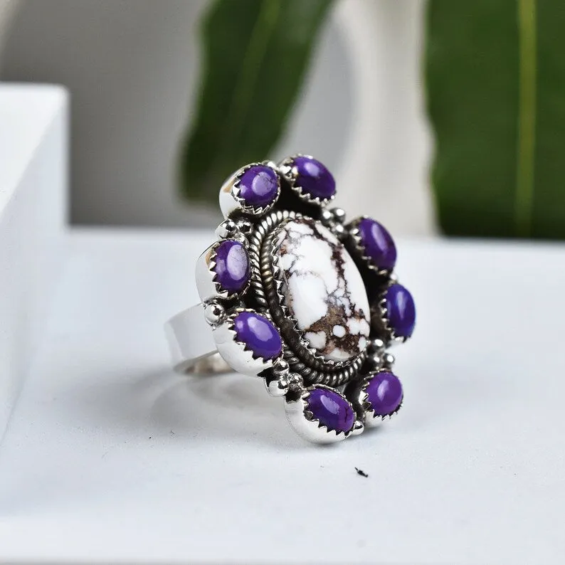 Native American Wild Horse And Purple Copper Turquoise 925 Sterling Silver  Rings