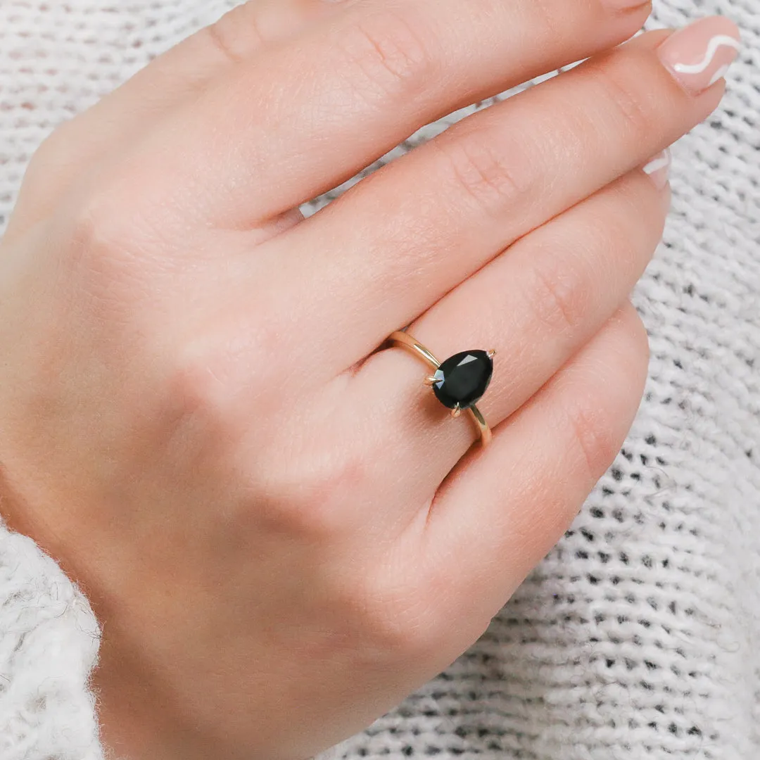 Noche Negra Solitaire Natural Black Diamond Pear Cut Engagement Ring