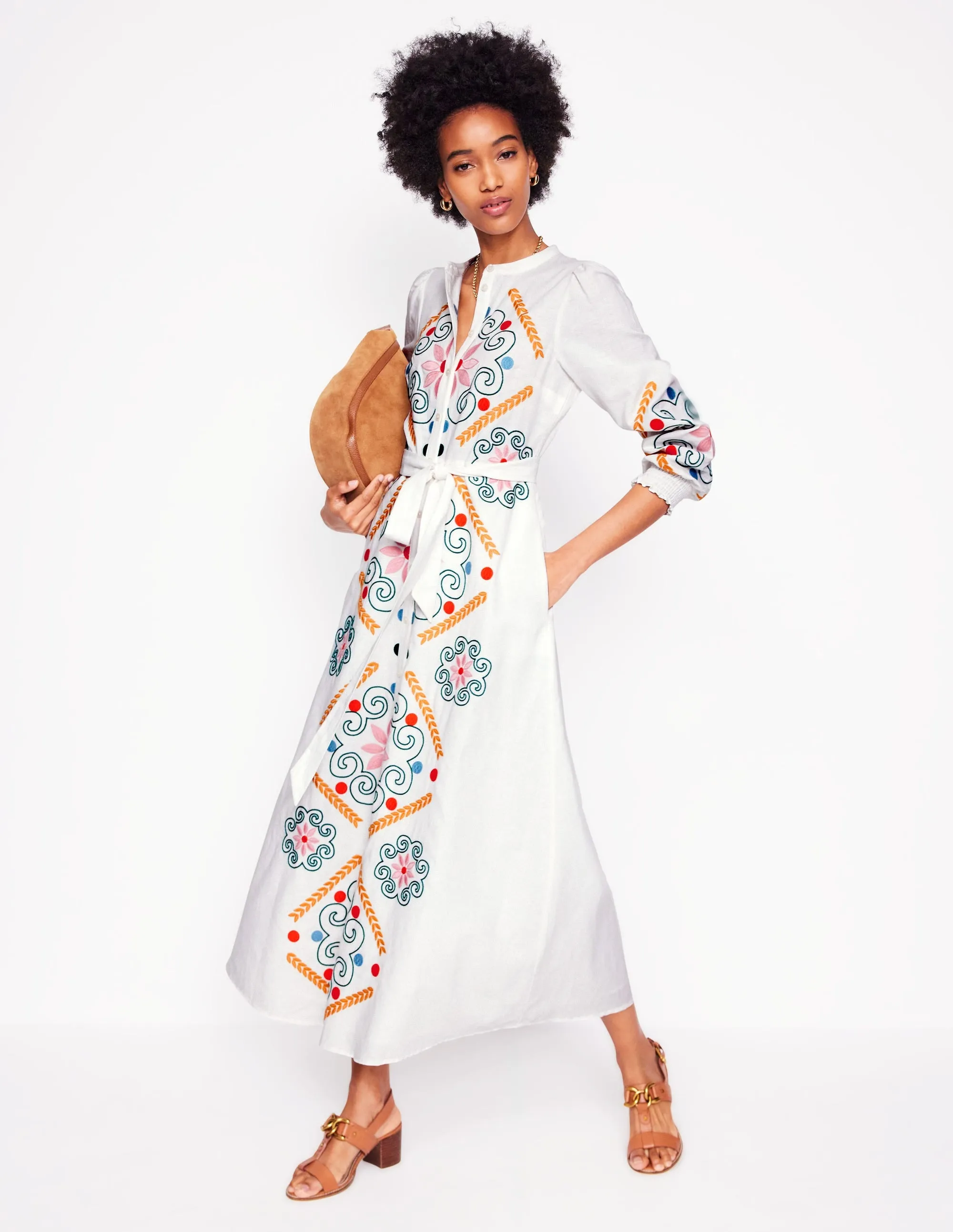 Ruby Linen Blend Shirt Dress-White Embroidery