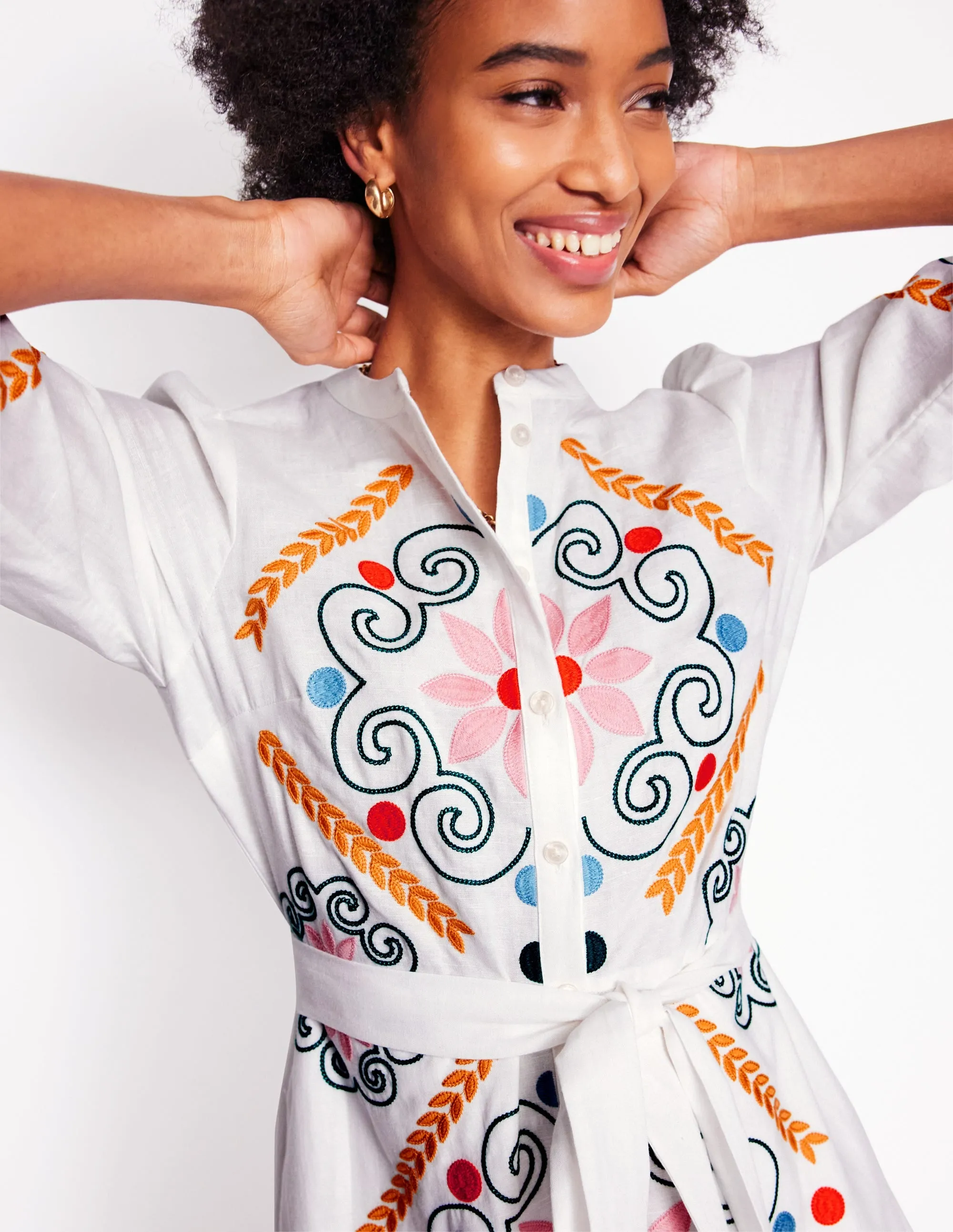 Ruby Linen Blend Shirt Dress-White Embroidery