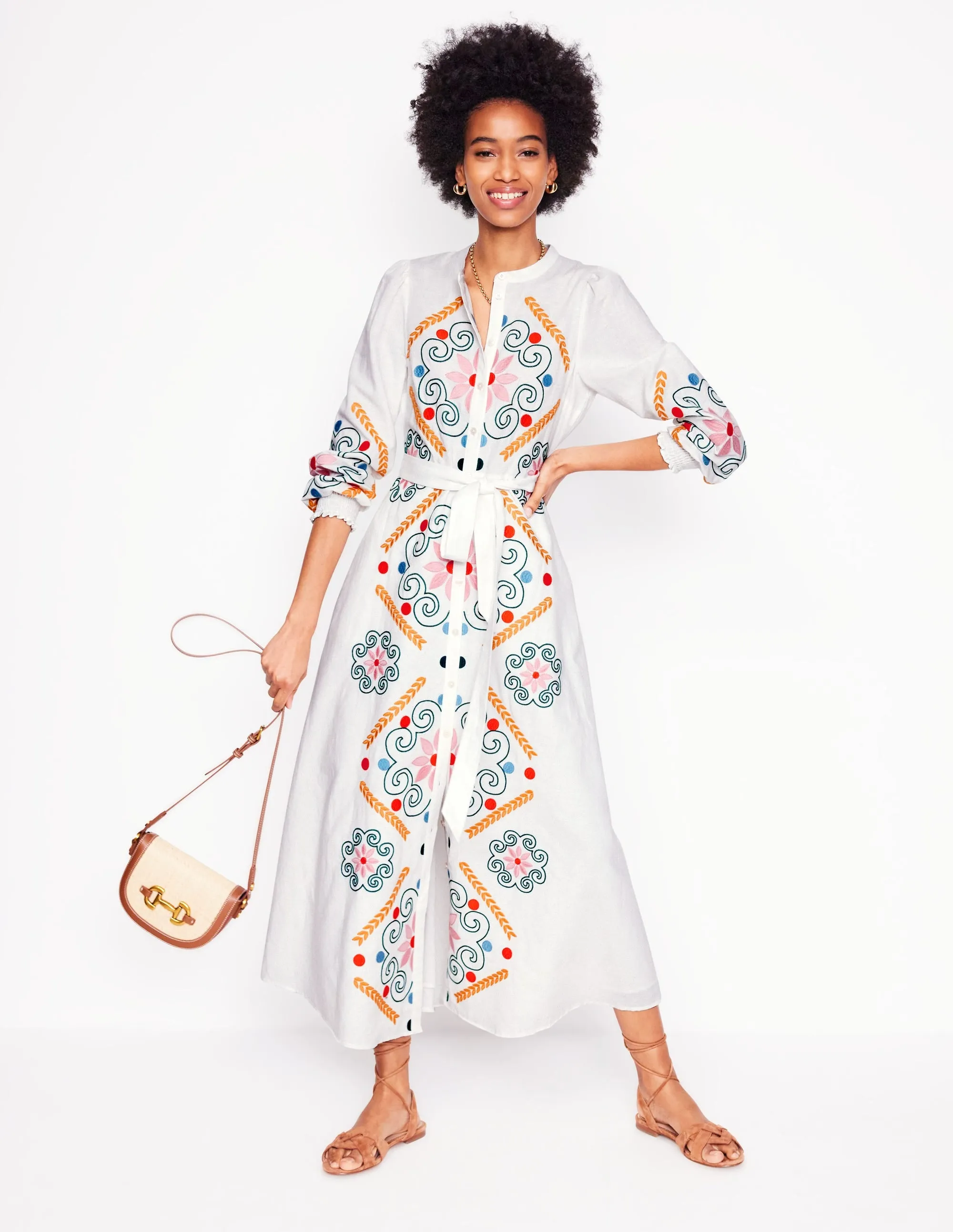 Ruby Linen Blend Shirt Dress-White Embroidery