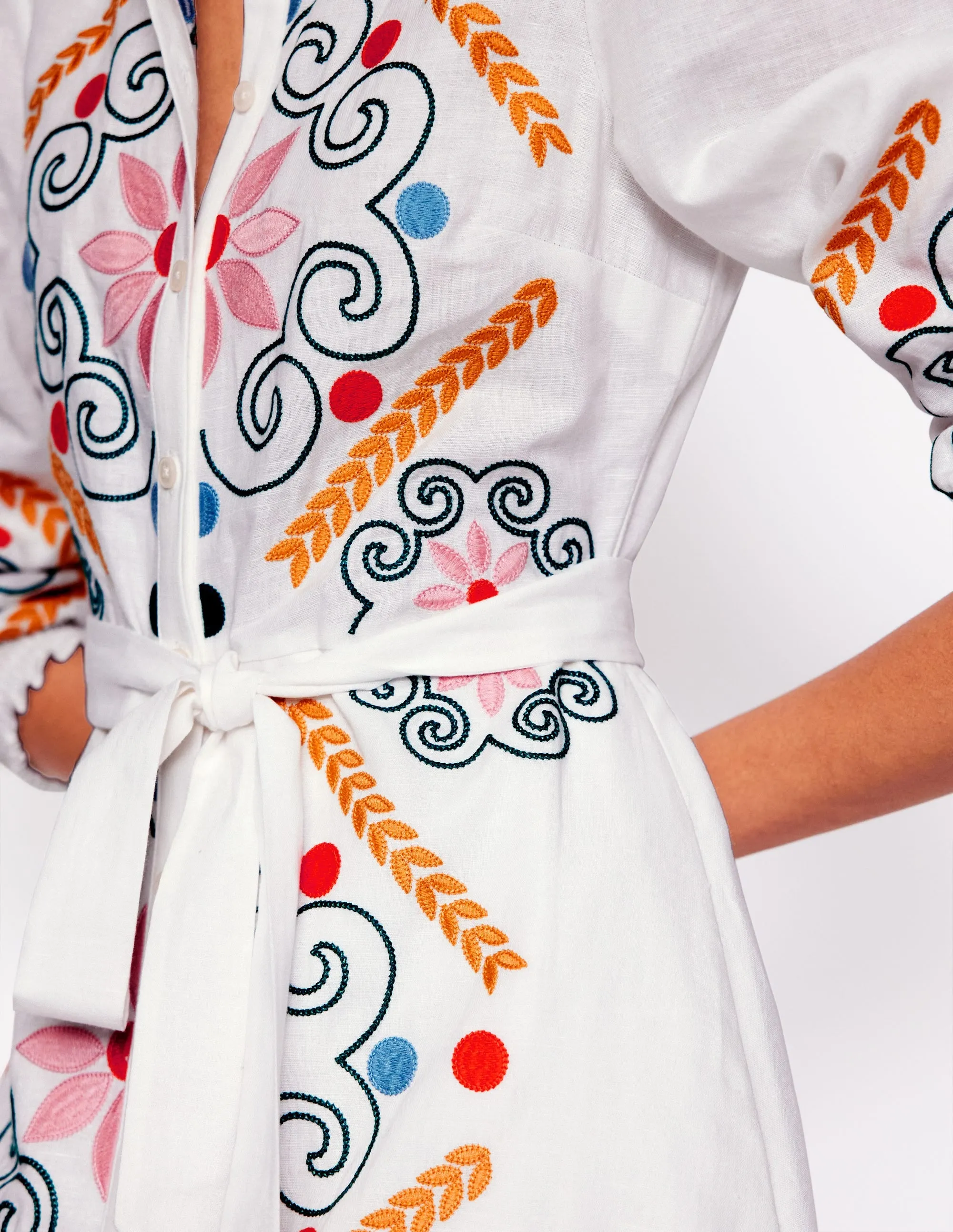 Ruby Linen Blend Shirt Dress-White Embroidery