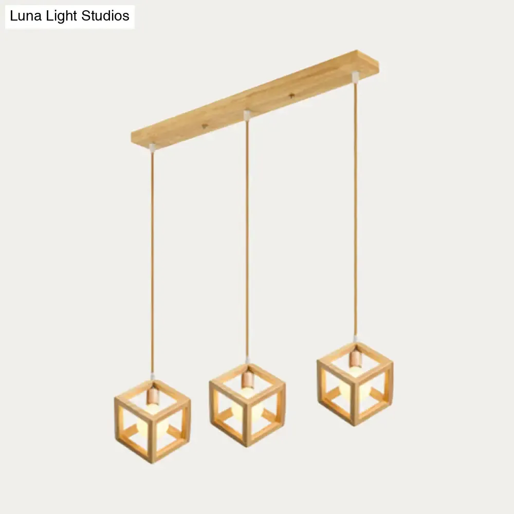 Simple Wooden Square Pendant Light with 3 Multi-Lights for Kitchen