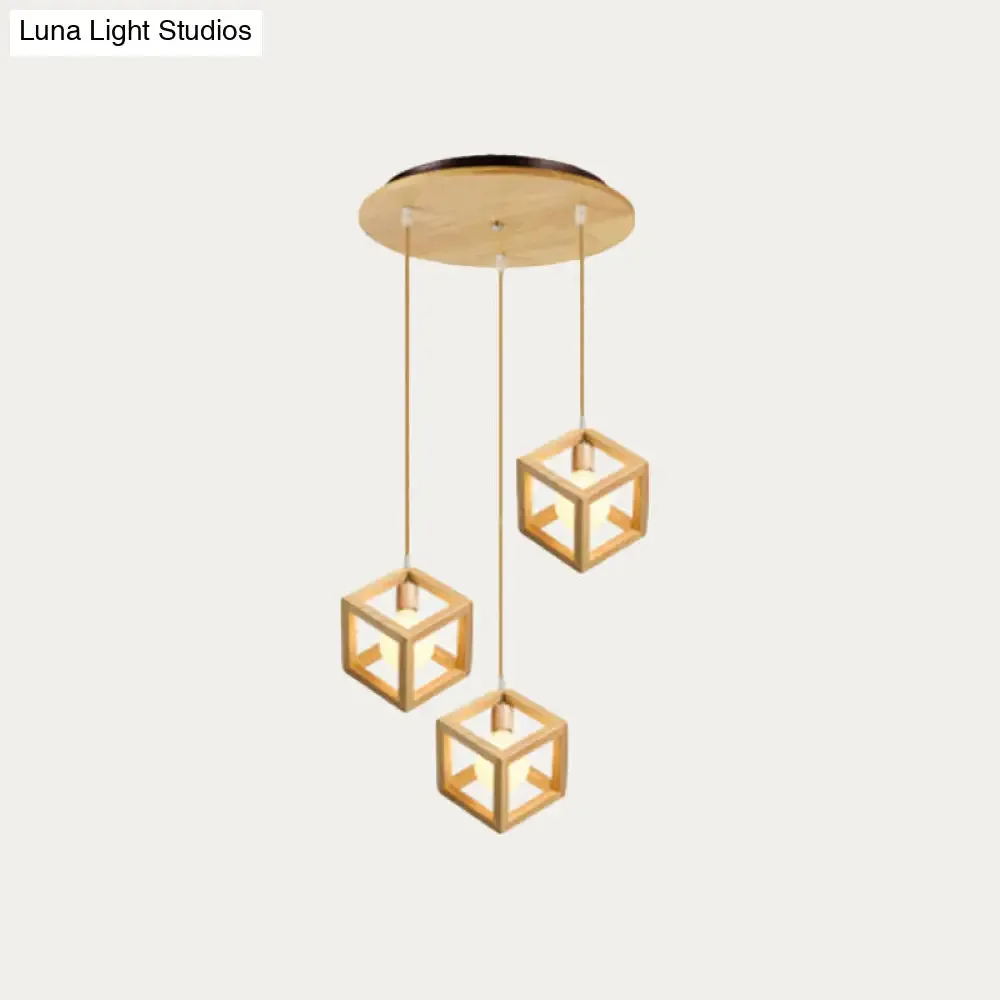 Simple Wooden Square Pendant Light with 3 Multi-Lights for Kitchen