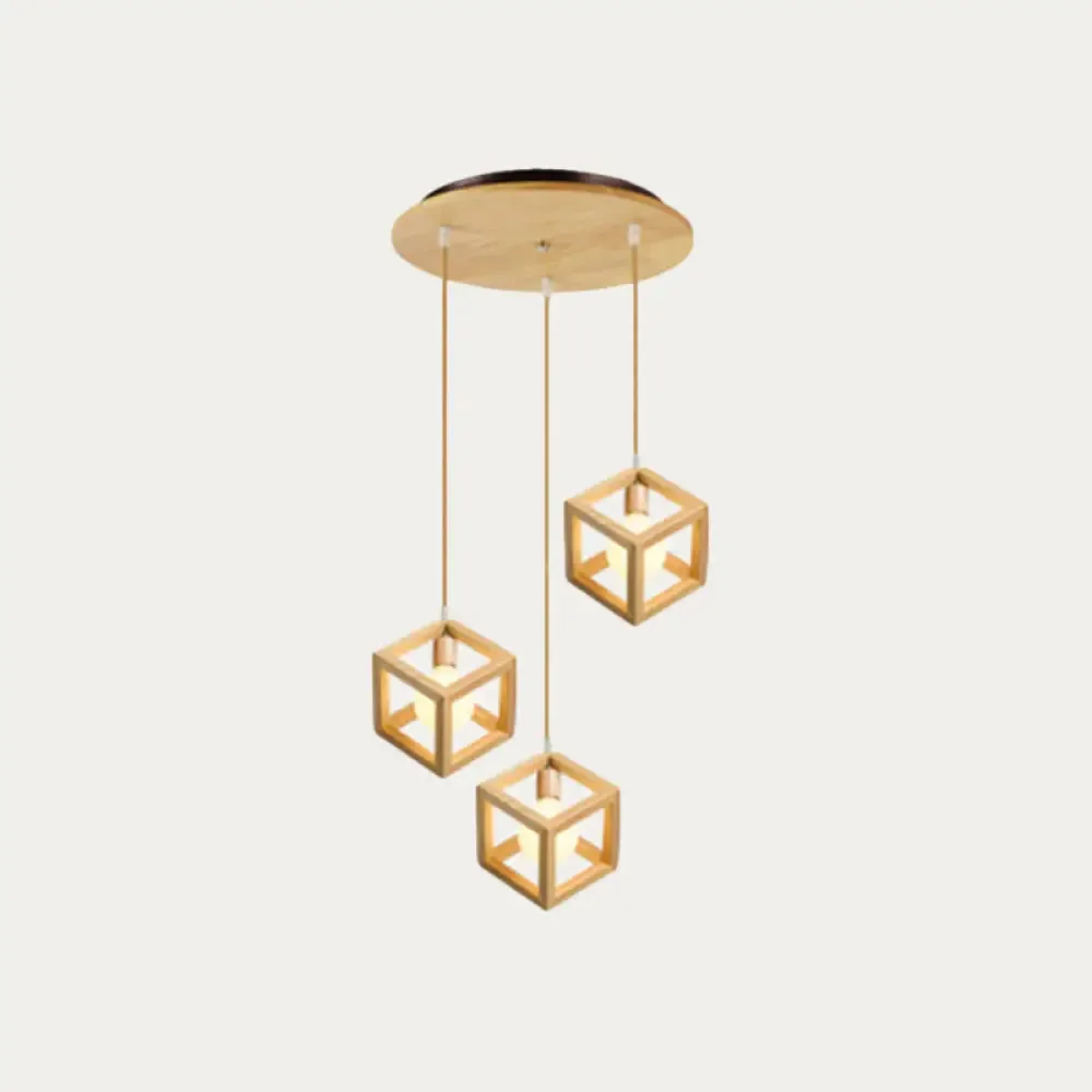 Simple Wooden Square Pendant Light with 3 Multi-Lights for Kitchen