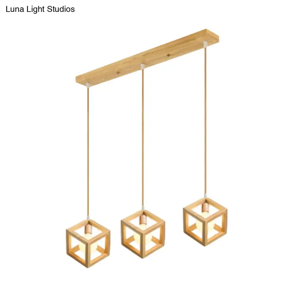 Simple Wooden Square Pendant Light with 3 Multi-Lights for Kitchen