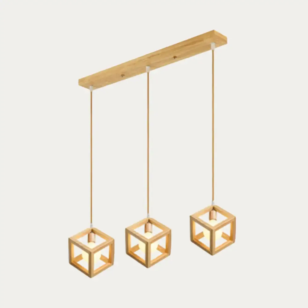 Simple Wooden Square Pendant Light with 3 Multi-Lights for Kitchen