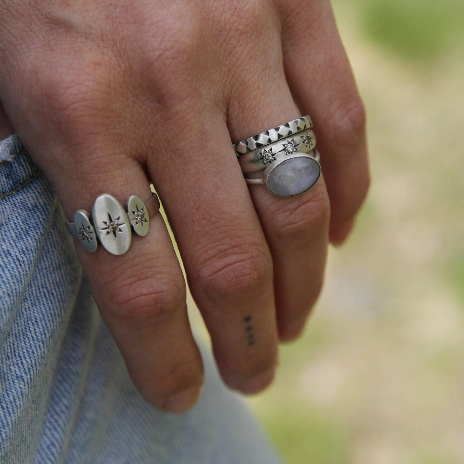 Three Star Set Diamond Band in Sterling Silver