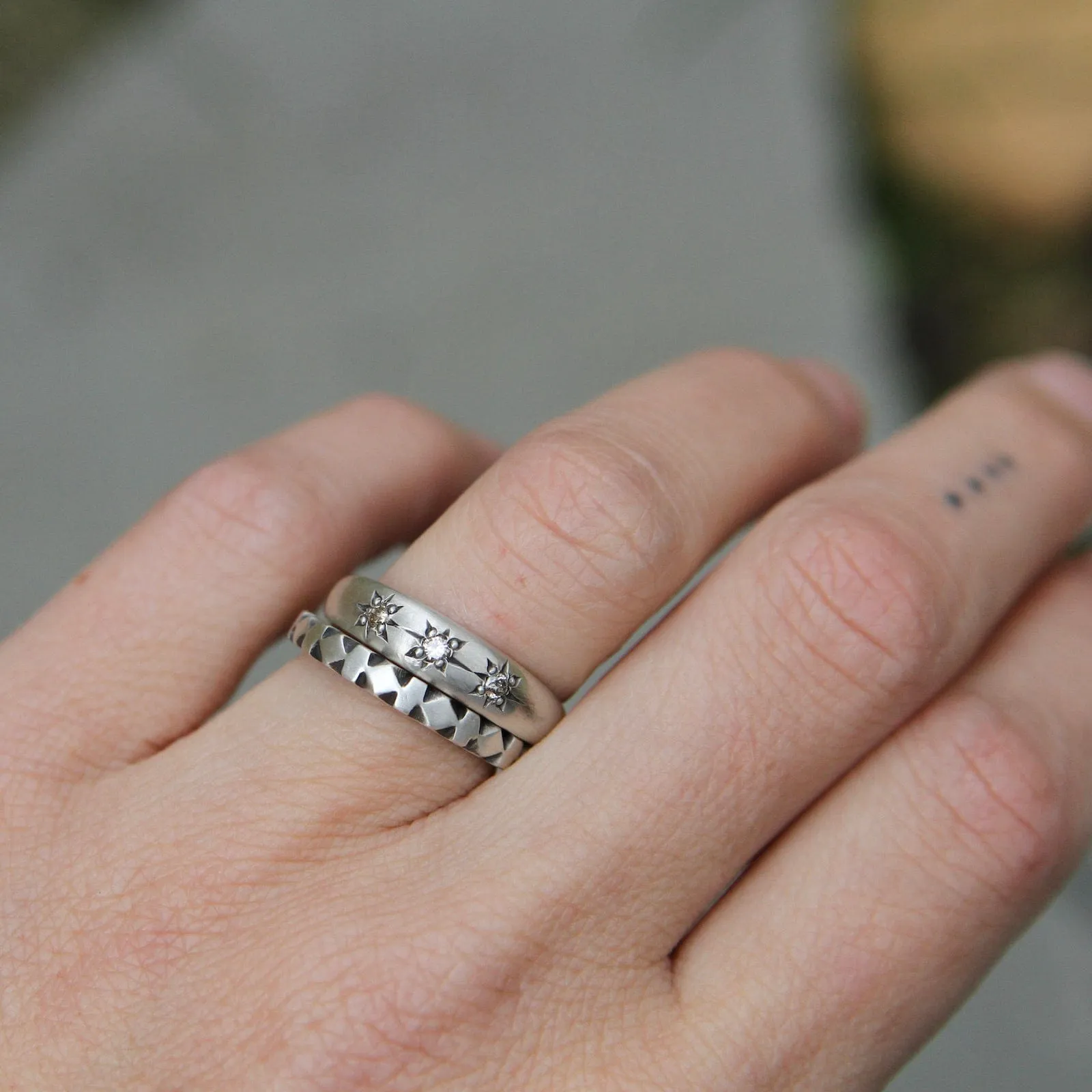 Three Star Set Diamond Band in Sterling Silver