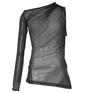 TOP ONE SHOULDER STRIPED MESH / B087:BLACK/RUBY