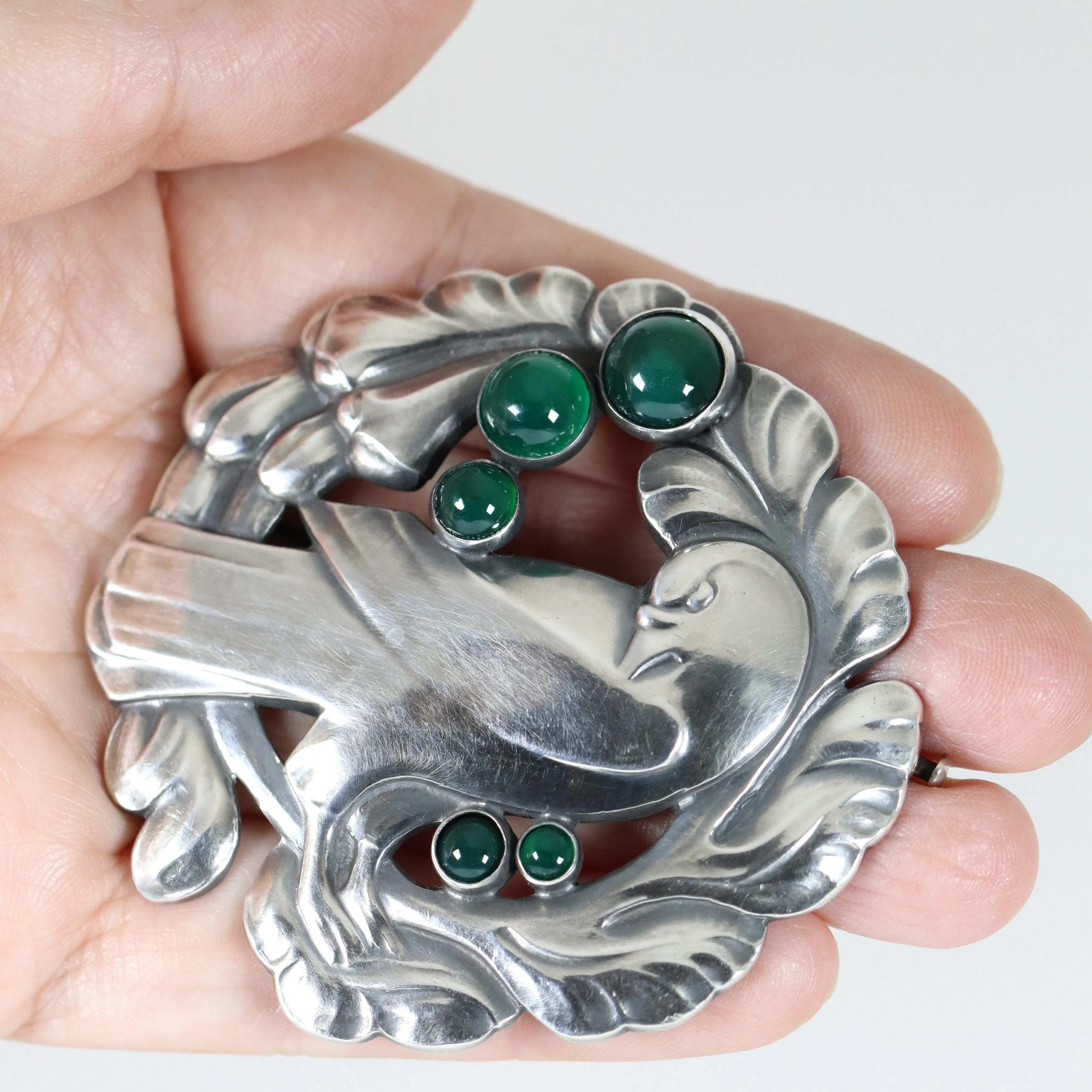 Vintage Georg Jensen Jewelry | Large Green Chrysoprase Dove Brooch 70 Denmark