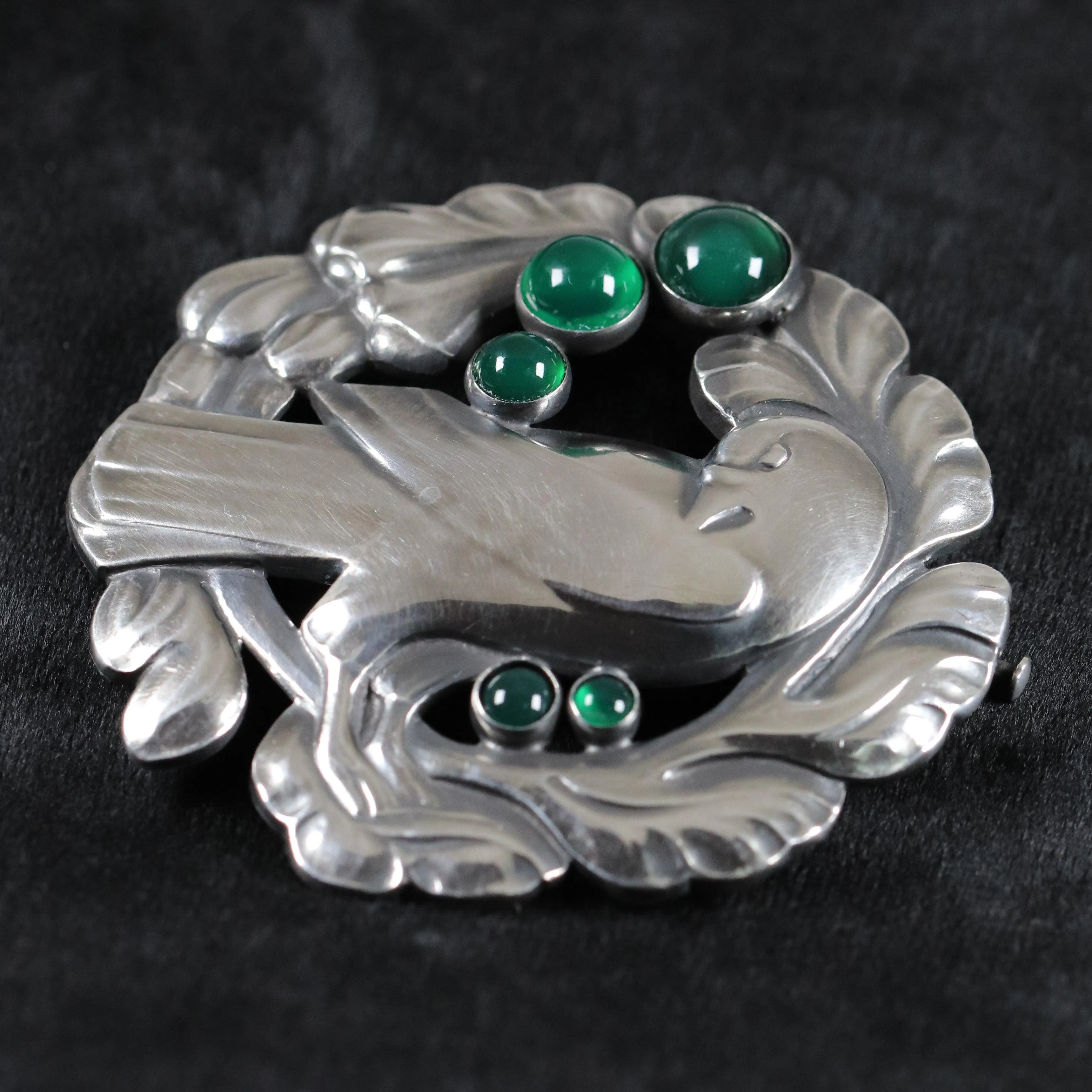 Vintage Georg Jensen Jewelry | Large Green Chrysoprase Dove Brooch 70 Denmark