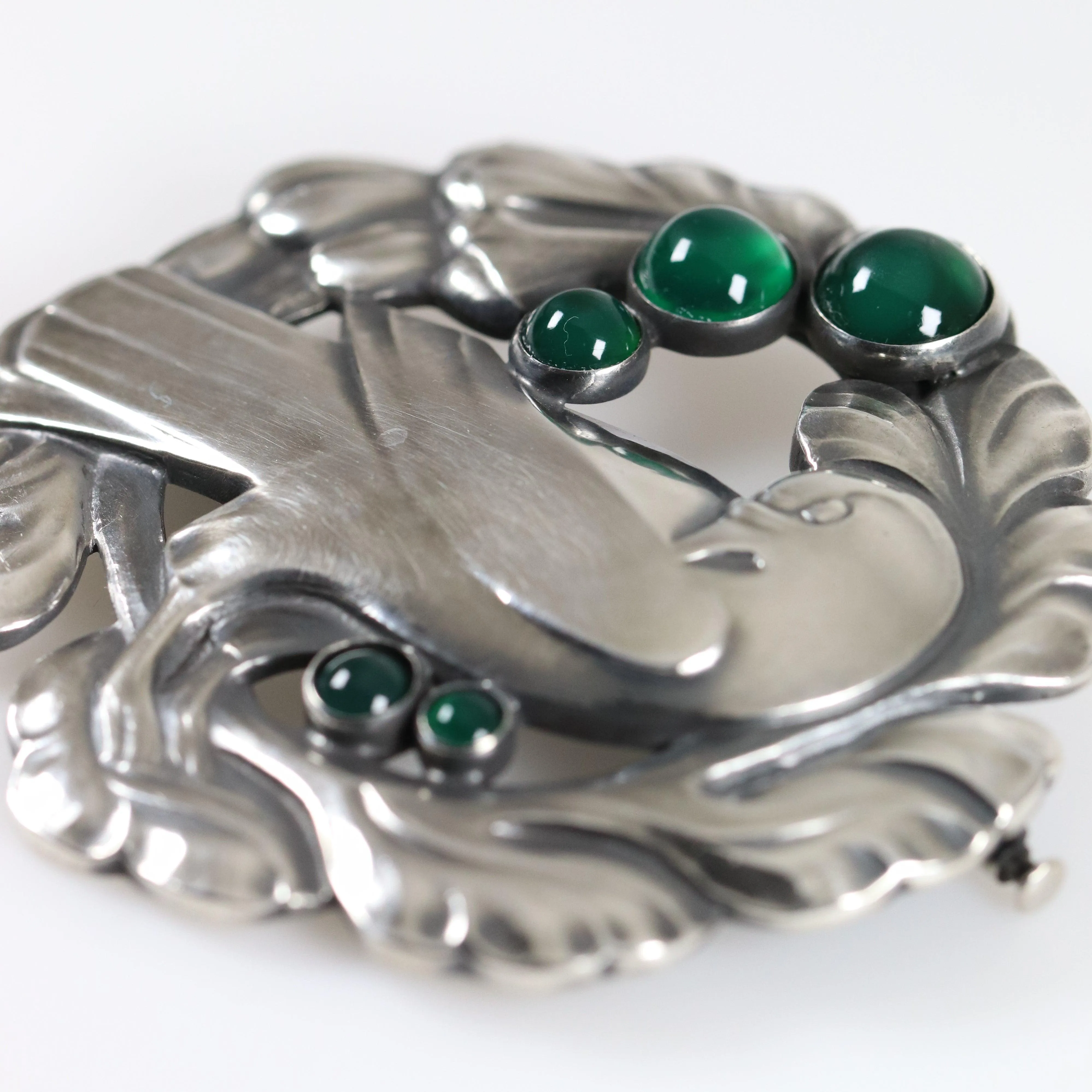Vintage Georg Jensen Jewelry | Large Green Chrysoprase Dove Brooch 70 Denmark