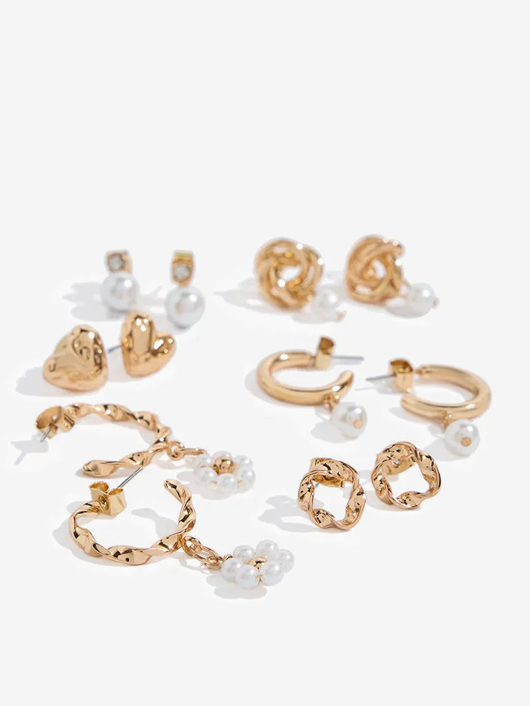Westside Accessories Gold Pearl Stud and Drop Earrings Set - Pack of 6