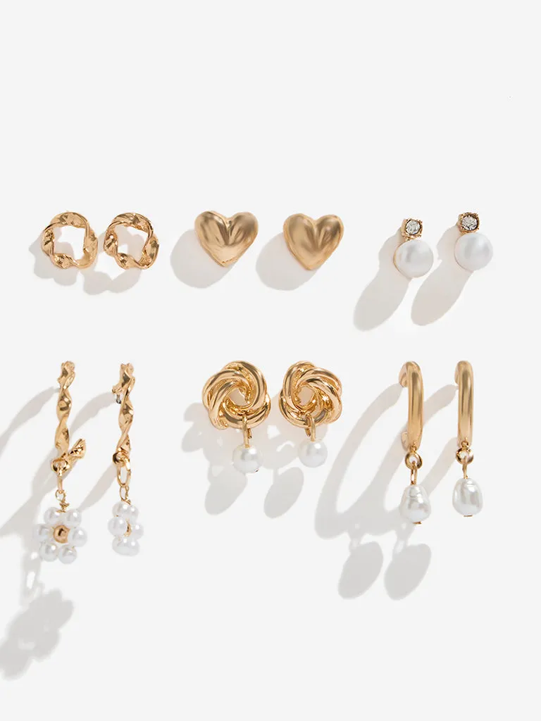 Westside Accessories Gold Pearl Stud and Drop Earrings Set - Pack of 6