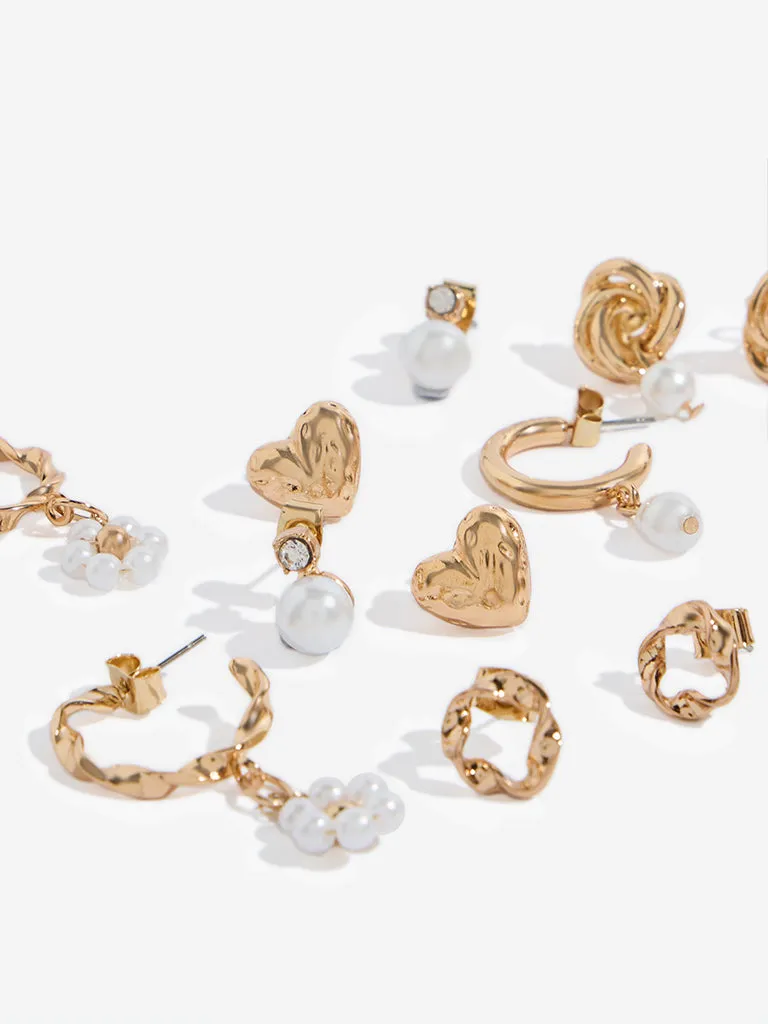 Westside Accessories Gold Pearl Stud and Drop Earrings Set - Pack of 6