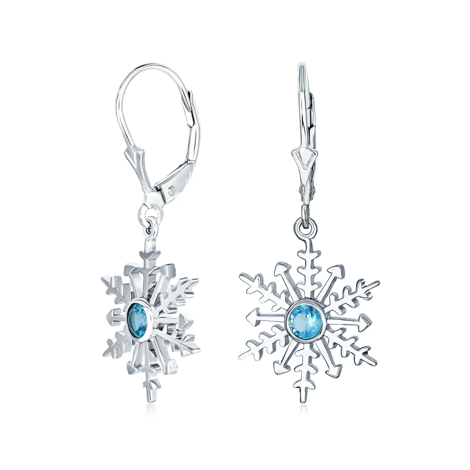 Winter Party Ice Blue Dangle Chandelier Earrings Snowflake Sterling Silver Leverback